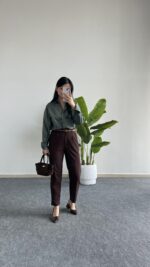 Betty Beli Lastikli Crep Pantolon -Kahverengi