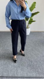 Betty Beli Lastikli Crep Pantolon -Lacivert - Görsel 5