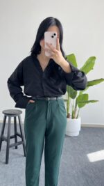 Betty Beli Lastikli Crep Pantolon -Yeşil - Görsel 3