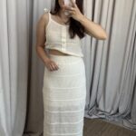 Krem Askılı Etekli Triko Takım