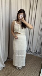 Krem Askılı Etekli Triko Takım