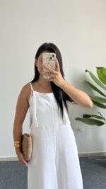 Beyaz Keten Tulum - Görsel 3