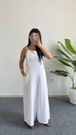 Beyaz Keten Tulum - Görsel 5