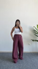 Bol Paça Modal Tensel Pantolon - Bordo - Görsel 3