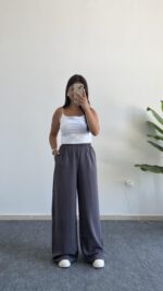 Bol Paça Modal Tensel Pantolon - Gri - Görsel 4