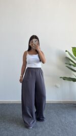 Bol Paça Modal Tensel Pantolon - Gri - Görsel 3