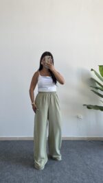 Bol Paça Modal Tensel Pantolon - Yeşil - Görsel 3