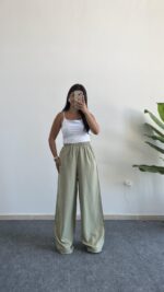 Bol Paça Modal Tensel Pantolon - Yeşil - Görsel 4