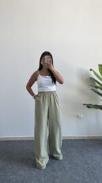 Bol Paça Modal Tensel Pantolon - Yeşil - Görsel 2