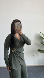 Bonita Kruvaze Yaka Aksesuarlı Takım - Haki - Görsel 4