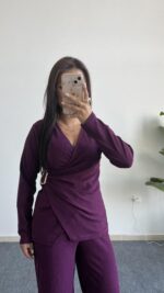 Bonita Kruvaze Yaka Aksesuarlı Takım - Mürdüm - Görsel 5