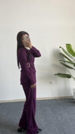 Bonita Kruvaze Yaka Aksesuarlı Takım - Mürdüm - Görsel 4