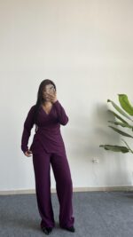 Bonita Kruvaze Yaka Aksesuarlı Takım - Mürdüm - Görsel 3