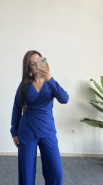 Bonita Kruvaze Yaka Aksesuarlı Takım - Saks Mavi - Görsel 2