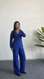 Bonita Kruvaze Yaka Aksesuarlı Takım - Saks Mavi - Görsel 4