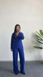 Bonita Kruvaze Yaka Aksesuarlı Takım - Saks Mavi