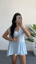 Carlo Yıldız Düğmeli Tensel Bluz -  Bebe Mavi - Görsel 3