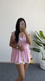 Carlo Yıldız Düğmeli Tensel Bluz - Pembe - Görsel 3