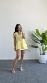 Carlo Yıldız Düğmeli Tensel Bluz - Sarı - Görsel 3