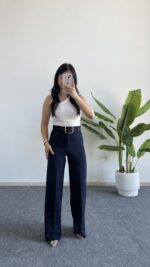 Caroline Kemerli Crep Pantolon - Lacivert - Görsel 3