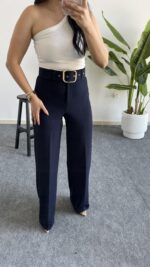 Caroline Kemerli Crep Pantolon - Lacivert - Görsel 4