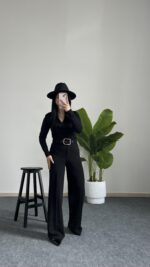 Caroline Kemerli Crep Pantolon  - Siyah - Görsel 4