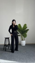 Caroline Kemerli Crep Pantolon  - Siyah