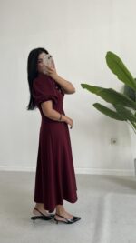 Çıkartılabilir Fiyonk Aksesuarlı Midi Elbise - Bordo - Görsel 8