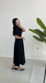 Çıkartılabilir Fiyonk Aksesuarlı Midi Elbise - Siyah - Görsel 6