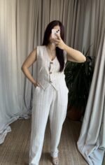 Çizgili Naturel Keten Takım