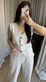 Çizgili Naturel Keten Takım - Görsel 3