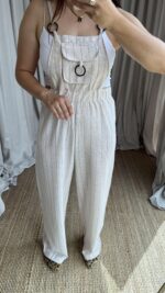 Çizgili Naturel Keten Tulum - Görsel 5