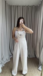 Çizgili Naturel Keten Tulum - Görsel 3