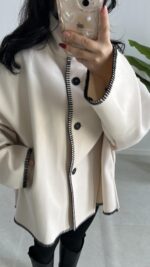 Çoban Dikişli Kaşe Panço - Ekru - Görsel 6