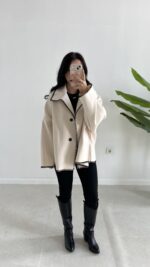 Çoban Dikişli Kaşe Panço - Ekru - Görsel 2