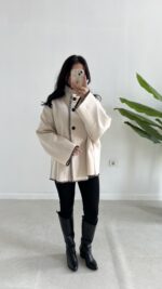 Çoban Dikişli Kaşe Panço - Ekru - Görsel 7