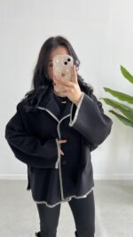 Çoban Dikişli Kaşe Panço - Siyah