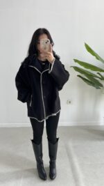 Çoban Dikişli Kaşe Panço - Siyah - Görsel 5