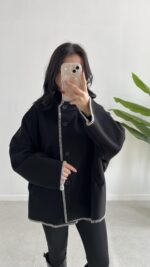 Çoban Dikişli Kaşe Panço - Siyah - Görsel 6