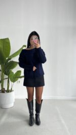 Degaje Yaka Kazak - Lacivert - Görsel 9