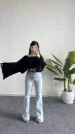 Duru İspanyol Kol Pamuk Crop - Siyah - Görsel 4