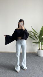 Duru İspanyol Kol Pamuk Crop - Siyah - Görsel 2