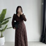 Ekose Kemerli Maxi Şifon Elbise - Kahve