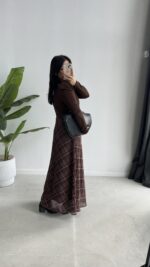 Ekose Kemerli Maxi Şifon Elbise - Kahve - Görsel 8