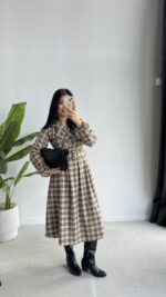 Ekose Kemerli Midi Elbise