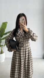 Ekose Kemerli Midi Elbise - Görsel 3