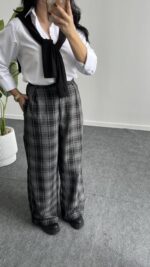 Ekose Palazzo Pantolon - Gri - Görsel 4