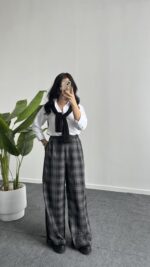 Ekose Palazzo Pantolon - Gri - Görsel 6