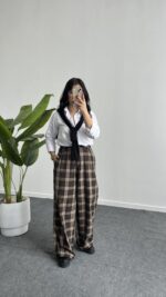 Ekose Palazzo Pantolon - Kahve - Görsel 6