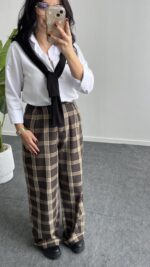 Ekose Palazzo Pantolon - Kahve - Görsel 7